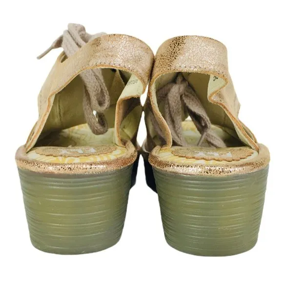 Fly London YLVA Metallic Beige Suede Lace-Up Peep Toe Slingback Wedge Sa…