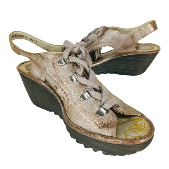 Fly London YLVA Metallic Beige Suede Lace-Up Peep Toe Slingback Wedge Sa…