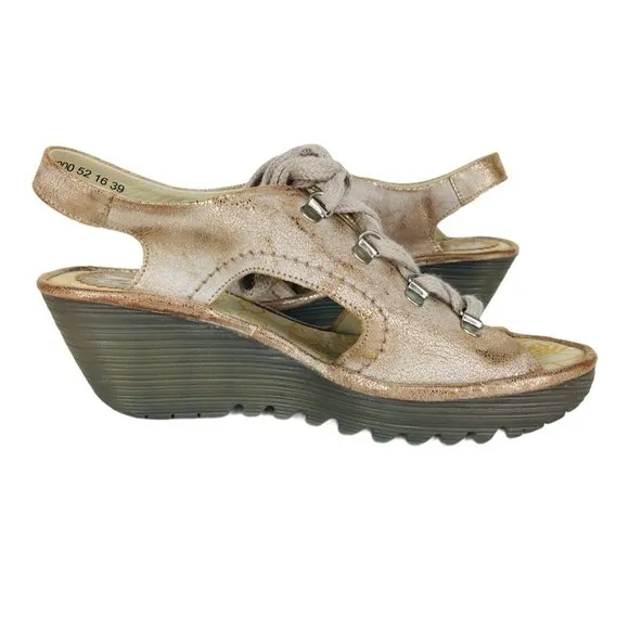 Fly London YLVA Metallic Beige Suede Lace-Up Peep Toe Slingback Wedge Sa…