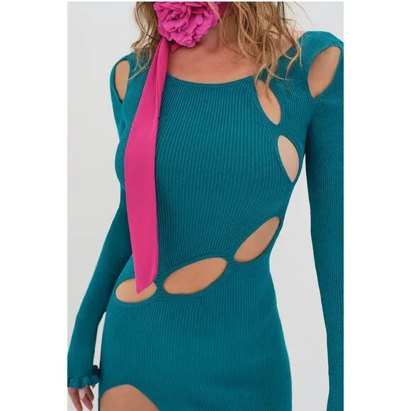 For Love &amp; Lemons Sz XL Blue Boat Neck Cut Out Long Sleeved Sweater Dress NWT