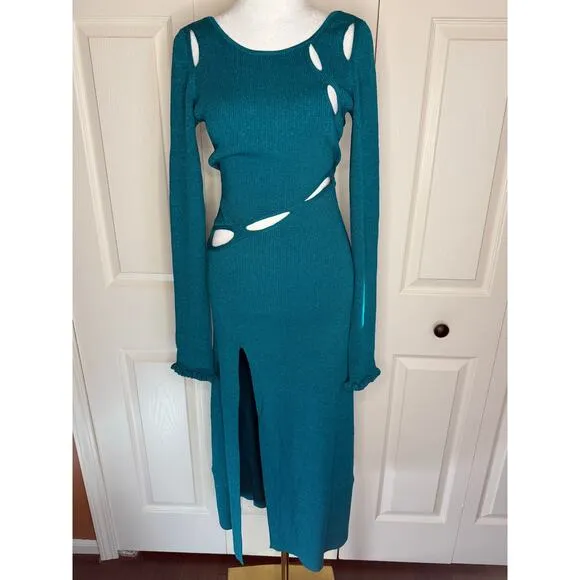 For Love &amp; Lemons Sz XL Blue Boat Neck Cut Out Long Sleeved Sweater Dress NWT