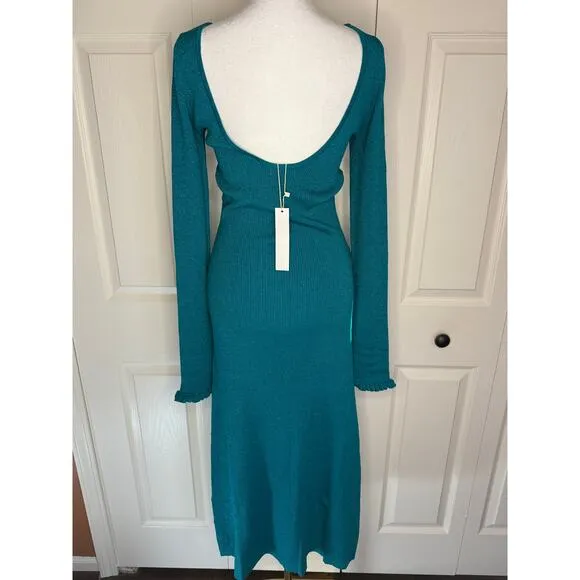 For Love &amp; Lemons Sz XL Blue Boat Neck Cut Out Long Sleeved Sweater Dress NWT