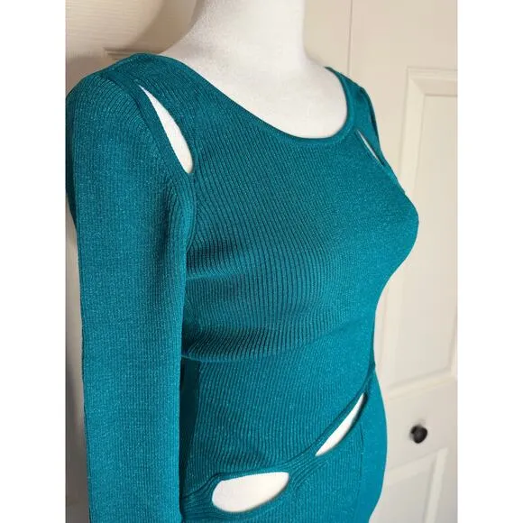 For Love &amp; Lemons Sz XL Blue Boat Neck Cut Out Long Sleeved Sweater Dress NWT