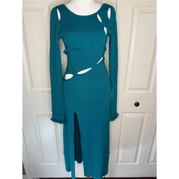 For Love &amp; Lemons Sz XL Blue Boat Neck Cut Out Long Sleeved Sweater Dress NWT