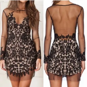 For Love And Lemons Luau Embroidered Sheer Lace Overlay Mesh Mini Dress Black XL