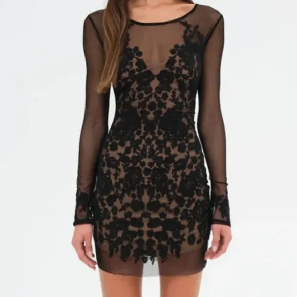 For Love And Lemons Luau Embroidered Sheer Lace Overlay Mesh Mini Dress Black XL