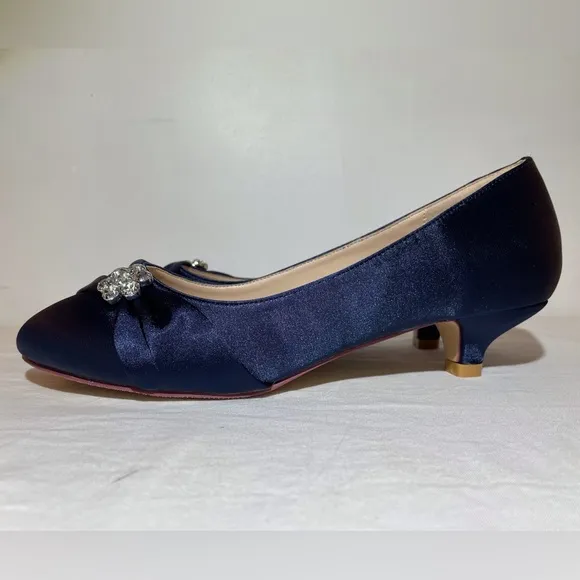 Formal Satin Closed Toe Kitten Heel with Rhinestones Navy Size 9.5