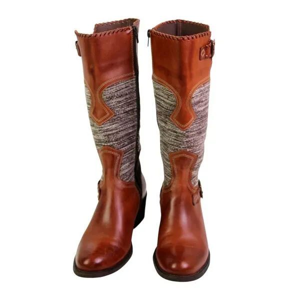 Fortress of Inca BROWN LEATHER TAPESTRY MID HEEL ZIP SIDE ROUND TOE BOOTS Sz 6