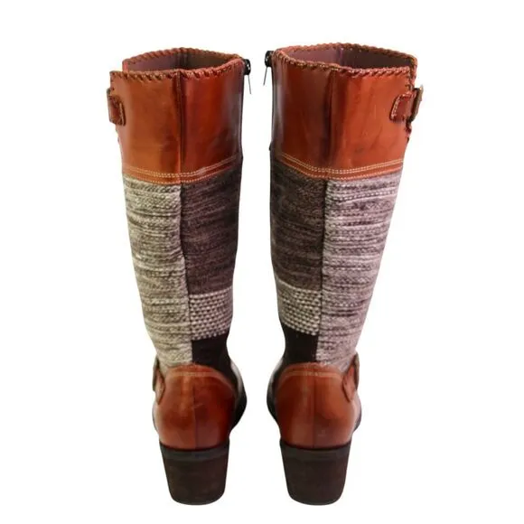 Fortress of Inca BROWN LEATHER TAPESTRY MID HEEL ZIP SIDE ROUND TOE BOOTS Sz 6