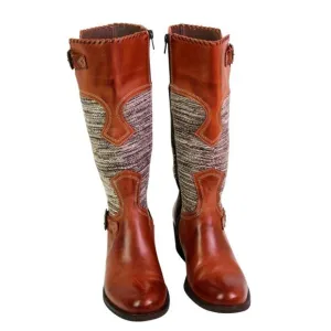 Fortress of Inca BROWN LEATHER TAPESTRY MID HEEL ZIP SIDE ROUND TOE BOOTS Sz 6