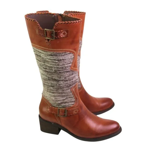 Fortress of Inca BROWN LEATHER TAPESTRY MID HEEL ZIP SIDE ROUND TOE BOOTS Sz 6
