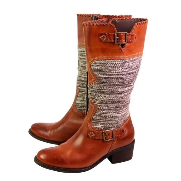 Fortress of Inca BROWN LEATHER TAPESTRY MID HEEL ZIP SIDE ROUND TOE BOOTS Sz 6