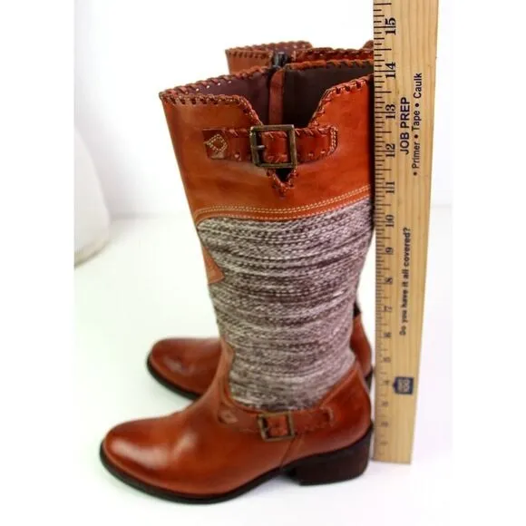 Fortress of Inca BROWN LEATHER TAPESTRY MID HEEL ZIP SIDE ROUND TOE BOOTS Sz 6