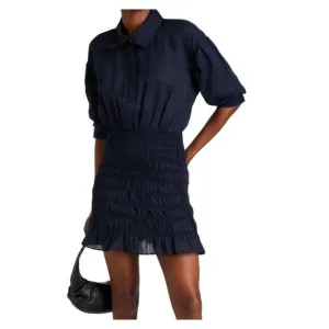 Frame Dress Women 16 Blue Collar Mini Smock Buttons Shirt Puff Sleeve Neutral