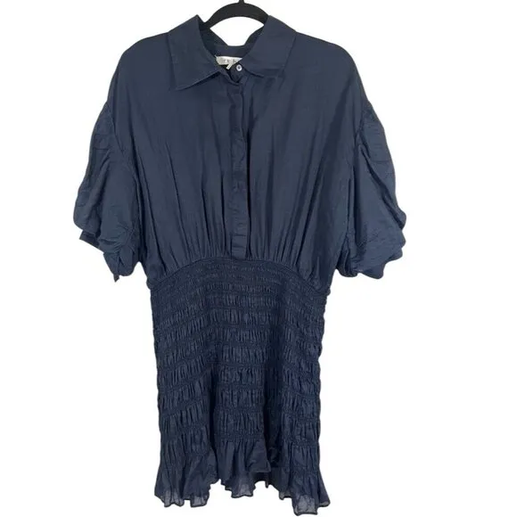Frame Dress Women 16 Blue Collar Mini Smock Buttons Shirt Puff Sleeve Neutral