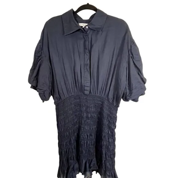 Frame Dress Women 16 Blue Collar Mini Smock Buttons Shirt Puff Sleeve Neutral