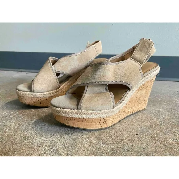 Franco Sarto Wedge Sandals Cork Platform Espadrille Beige Straps 8.5