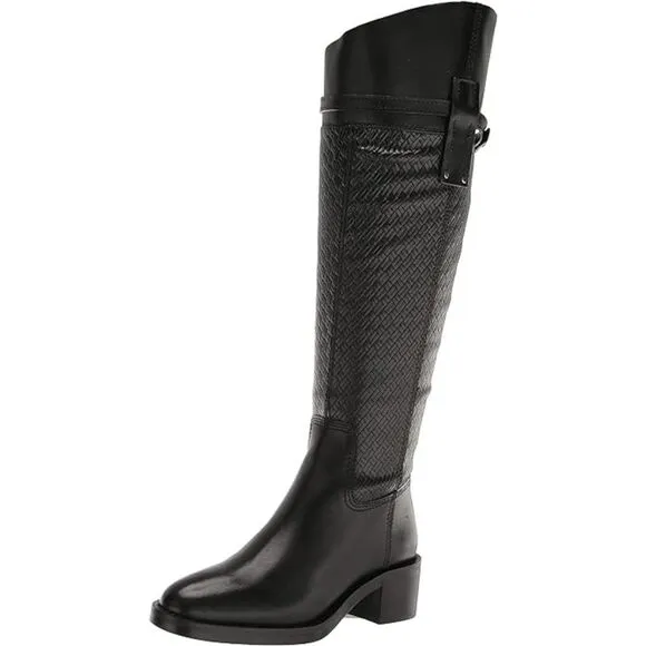 FRANCO SARTO Womens Black Colt Round Toe Block Heel Leather Boots Shoes 9 M
