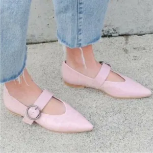 Freda Salvador Ivy Mary Jane Flats Pointed Toe Embossed Leather Pink Croc Sz 7