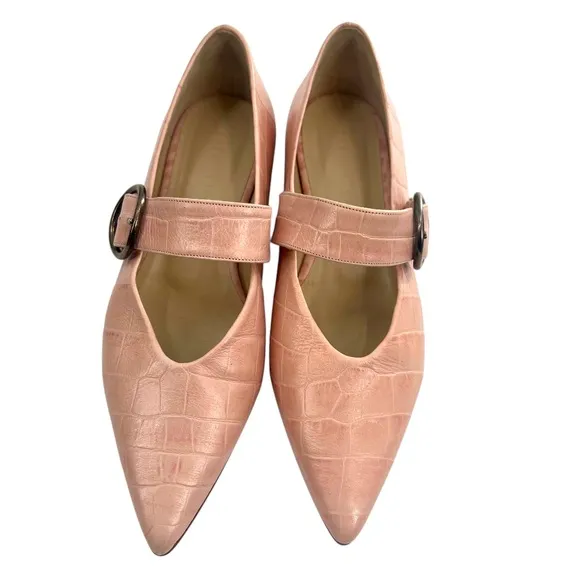 Freda Salvador Ivy Mary Jane Flats Pointed Toe Embossed Leather Pink Croc Sz 7