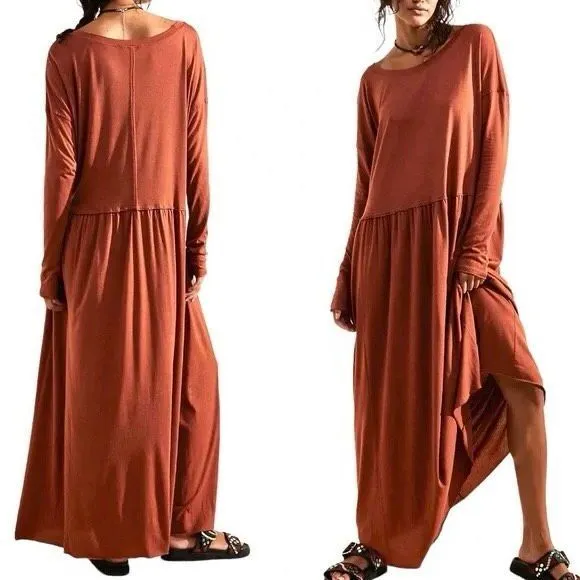 Free People Anytime Longe Sleeve Cotton Rustic Boho Midi Dress Women's Small