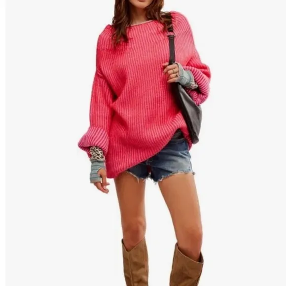 FREE PEOPLE Charlotte Tunic Oversized Sweater Pink Blossom Glow Size Large NWT