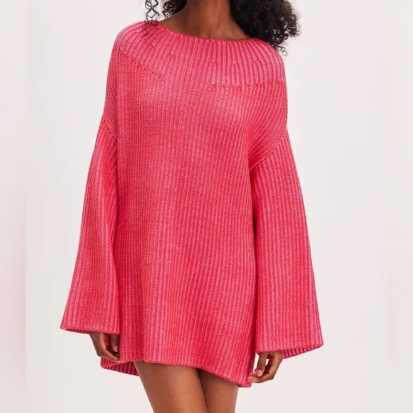 FREE PEOPLE Charlotte Tunic Oversized Sweater Pink Blossom Glow Size Large NWT