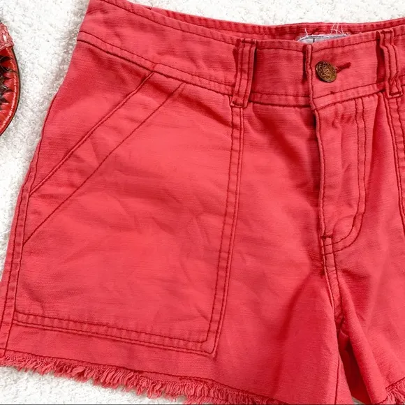 Free People Coral Slub Sateen Utility Cargo Cutoff Frayed Shorts in Sunrise