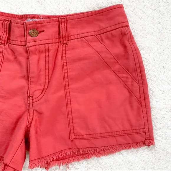 Free People Coral Slub Sateen Utility Cargo Cutoff Frayed Shorts in Sunrise