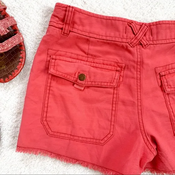 Free People Coral Slub Sateen Utility Cargo Cutoff Frayed Shorts in Sunrise