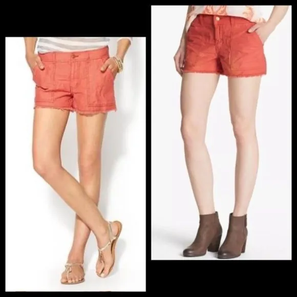 Free People Coral Slub Sateen Utility Cargo Cutoff Frayed Shorts in Sunrise