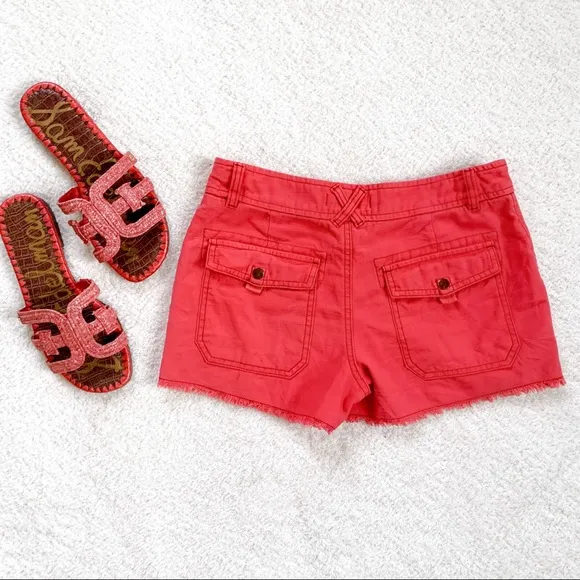 Free People Coral Slub Sateen Utility Cargo Cutoff Frayed Shorts in Sunrise