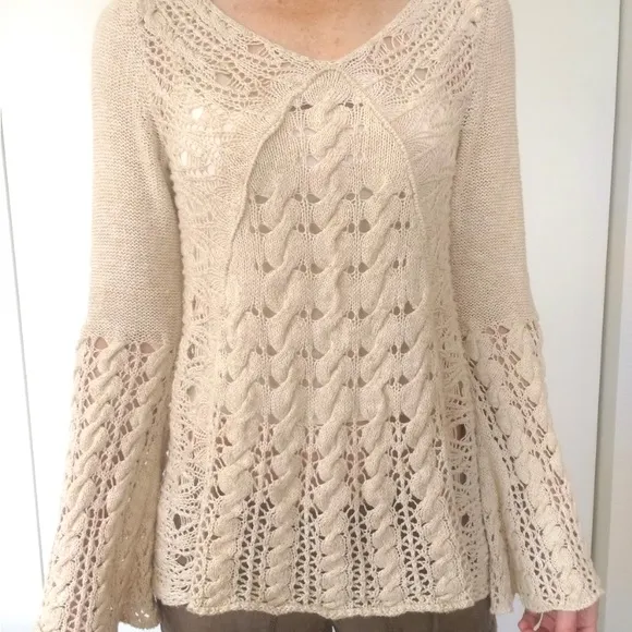 Free People Crochet Cable Wide Knit Bell Sleeve Sweater