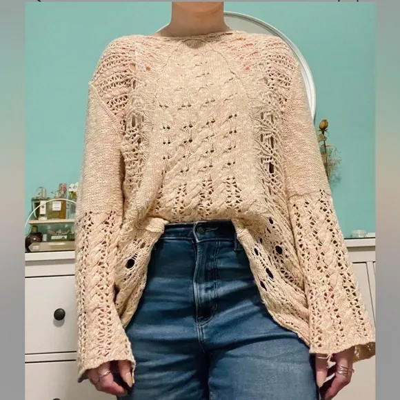 Free People Crochet Cable Wide Knit Bell Sleeve Sweater