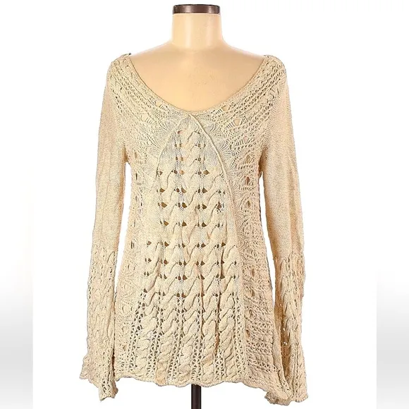 Free People Crochet Cable Wide Knit Bell Sleeve Sweater