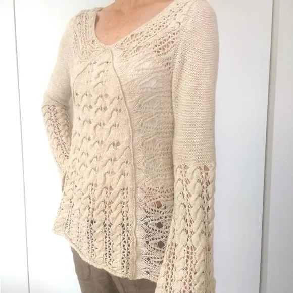 Free People Crochet Cable Wide Knit Bell Sleeve Sweater