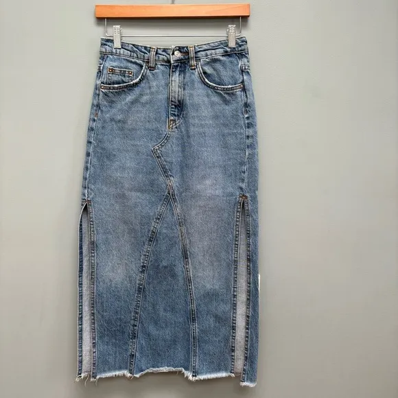 Free People Midi Blue Denim Skirt With Side Slits 0