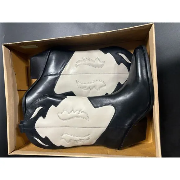 Free People  NIB Twin Flames Leather Western Cowboy Boots in Black/Ivory Size 11