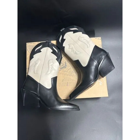 Free People  NIB Twin Flames Leather Western Cowboy Boots in Black/Ivory Size 11