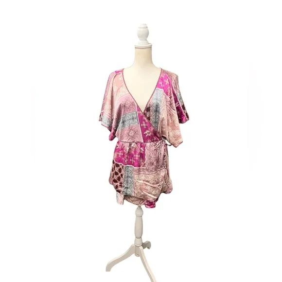 Free People Oasis Romper Dawn Pink Combo NWT Medium | Silky Patchwork Wrap Style
