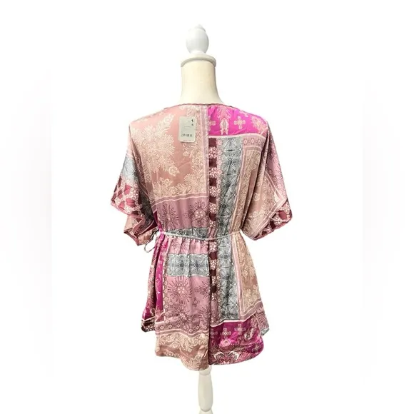 Free People Oasis Romper Dawn Pink Combo NWT Medium | Silky Patchwork Wrap Style