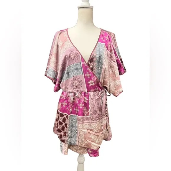 Free People Oasis Romper Dawn Pink Combo NWT Medium | Silky Patchwork Wrap Style