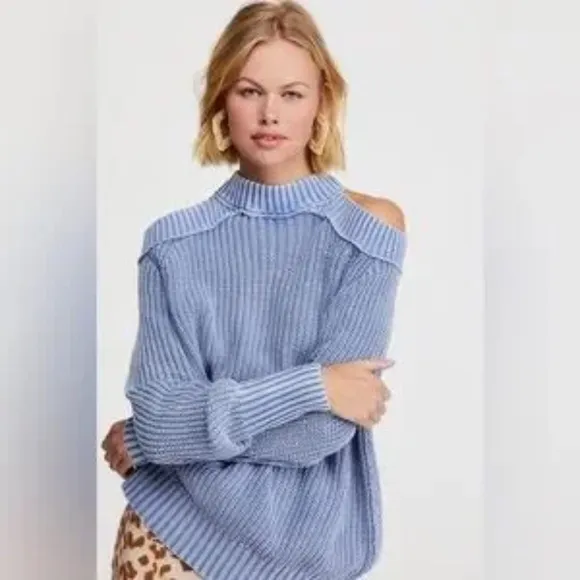 Free People Off Shoulder Cutout Pullover Chunky Knit Top Stretch Sweater, Size L