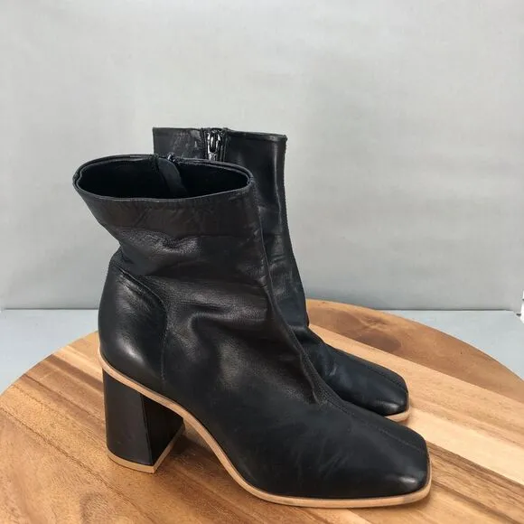 Free People Sienna Square Toe Side Zip Boots Women 36/6 Black Leather Block Heel