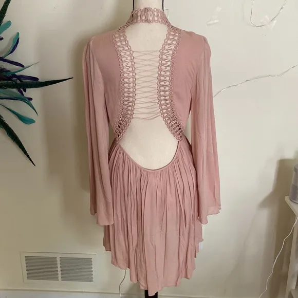 Free People Victorian Corset Back Lace Front Dusty Rose Mini Dress