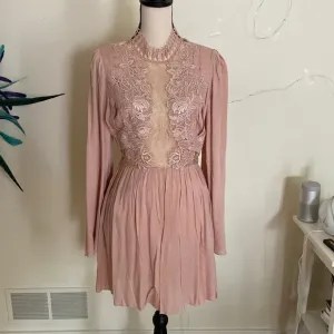 Free People Victorian Corset Back Lace Front Dusty Rose Mini Dress