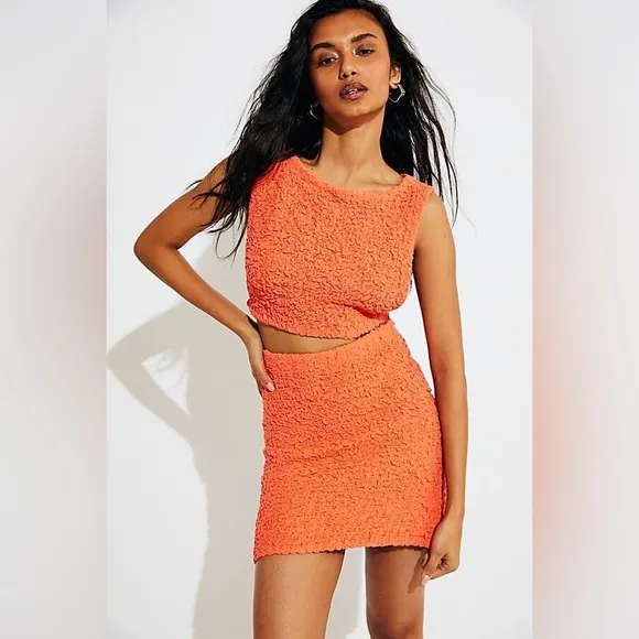 Free people women’s textured gauze mini skirt crop top set Orange size XS