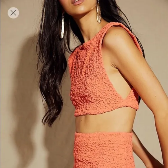 Free people women’s textured gauze mini skirt crop top set Orange size XS