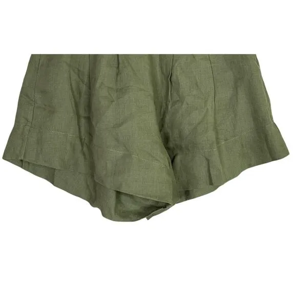 Free the Label Florence High Waisted Linen Wide Leg Shorts Pockets S Olive Green