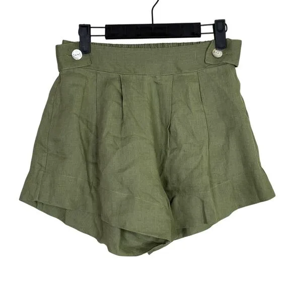 Free the Label Florence High Waisted Linen Wide Leg Shorts Pockets S Olive Green